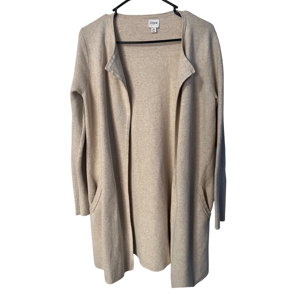JCrew Womens XS Oatmeal Beige Cotton Open Front Longline Cardigan Sweater Pocket